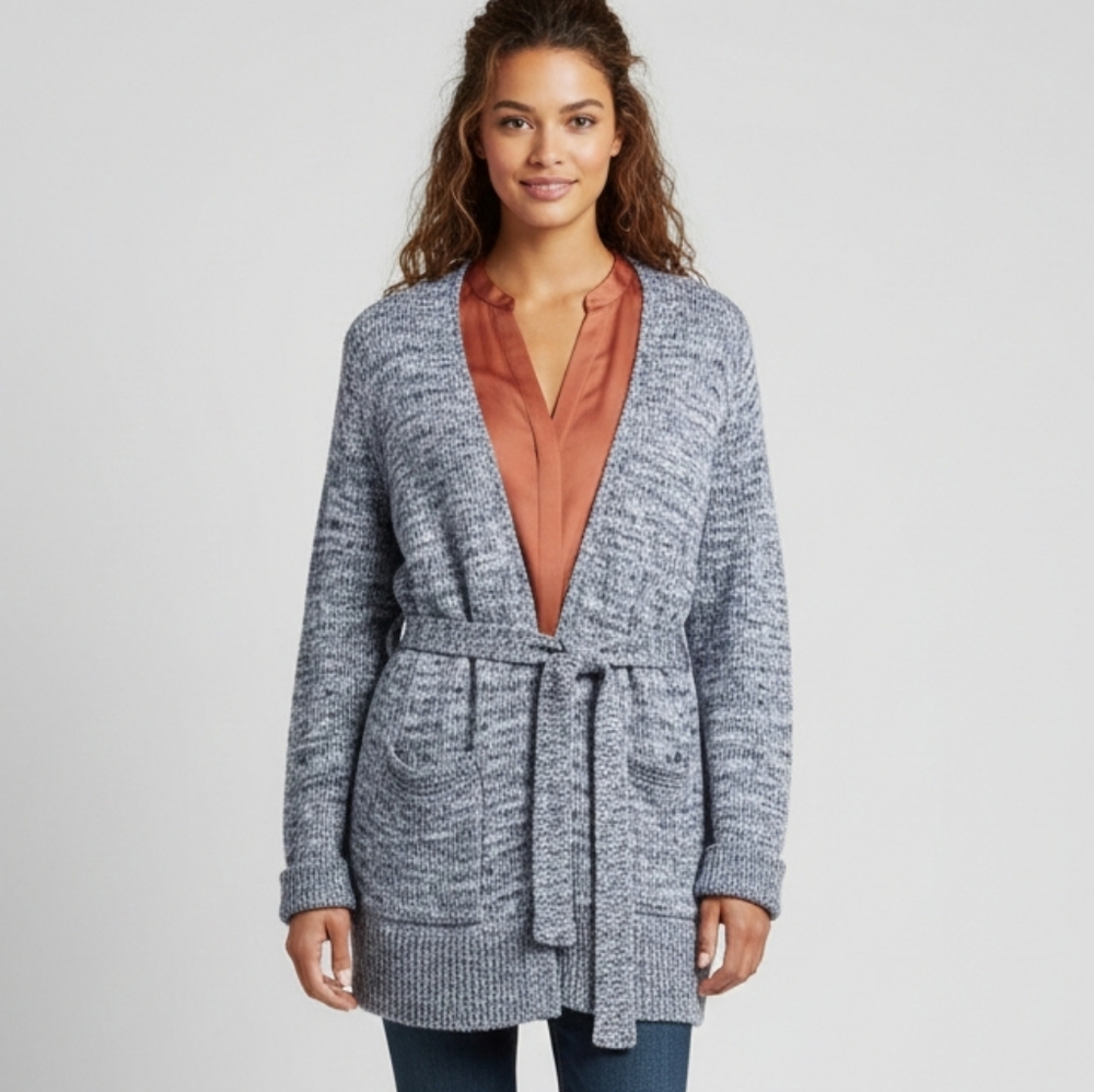 GAP 100% Cotton Sweater Open Belted Navy Heather Knit Long Duster Beach